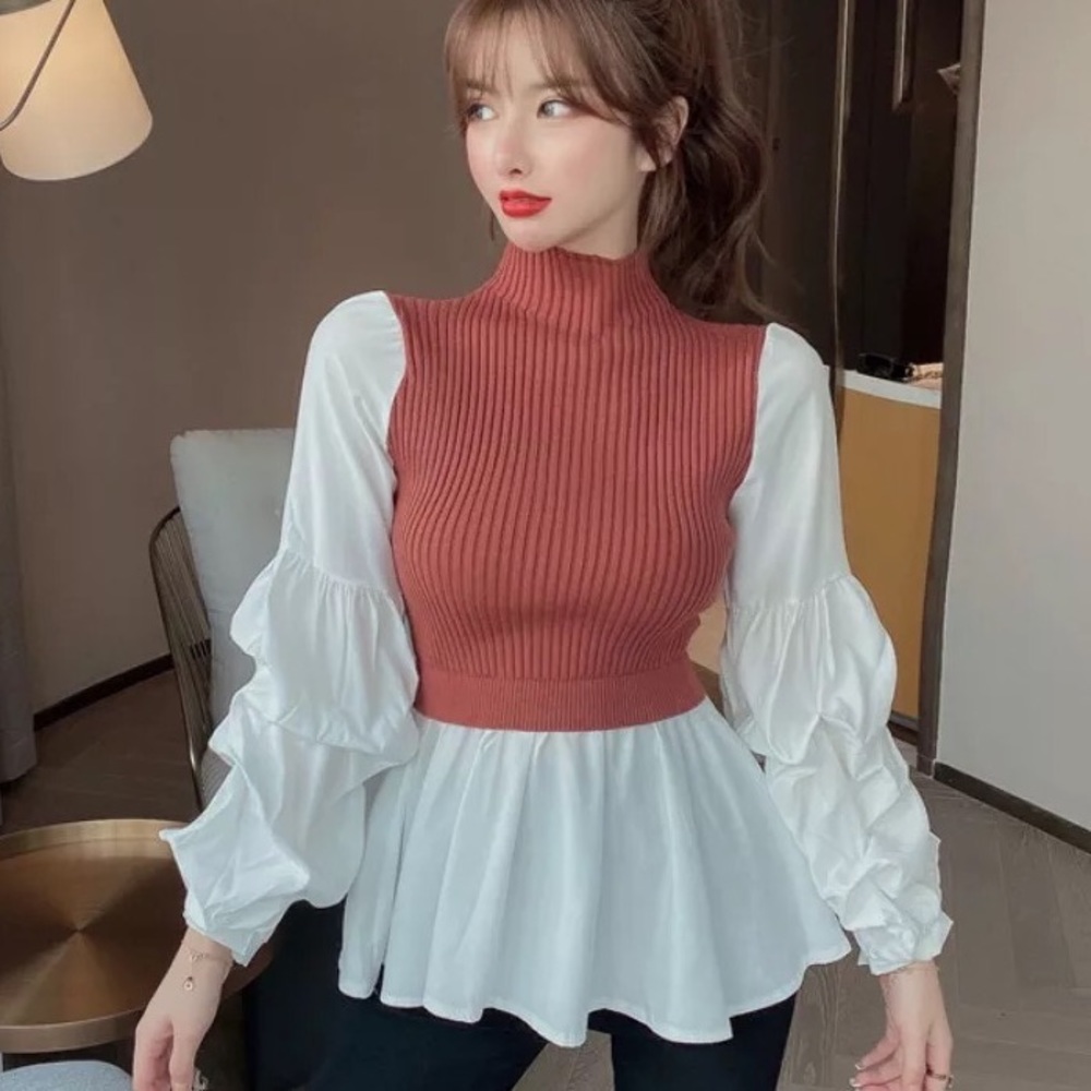 Thin sweater Lantern Sleeve Patchwork Blouse top Fashion Sexy Orange White